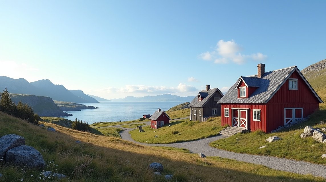 Kjerringøy régi kereskedőtelep, tengerparti panoráma Norvégia közelében.