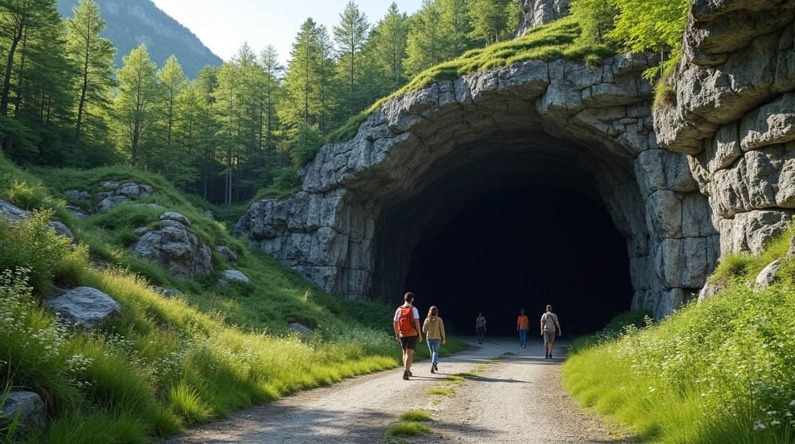 Folyosó a Mikaelshulen barlang felé Skienben, Norvégiában.