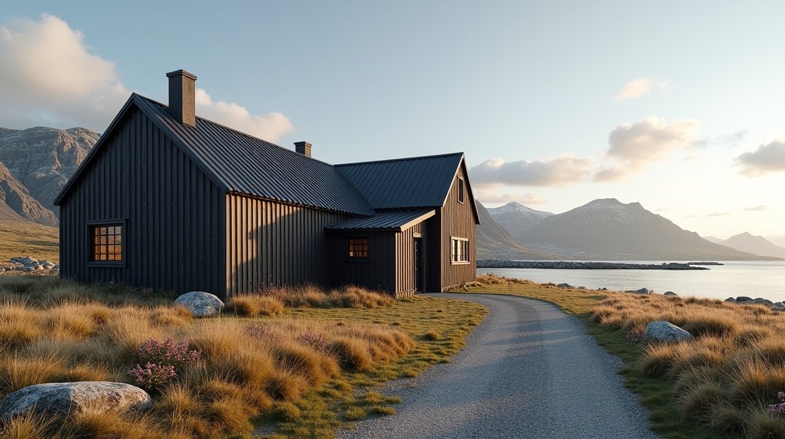Alta látnivalók - Tirpitz Múzeum (Kåfjord) 1 Fekete faház Kåfjordban, lenyűgöző fjordi tájjal körülvéve