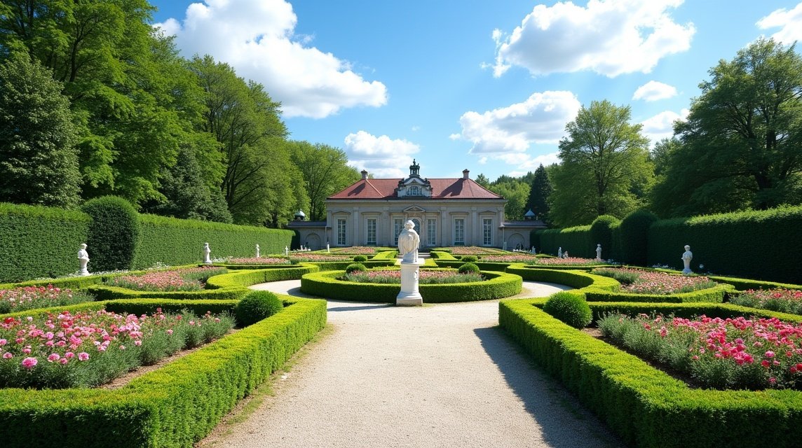 Torderød Gård barokk kertje virágágyásokkal és szökőkúttal