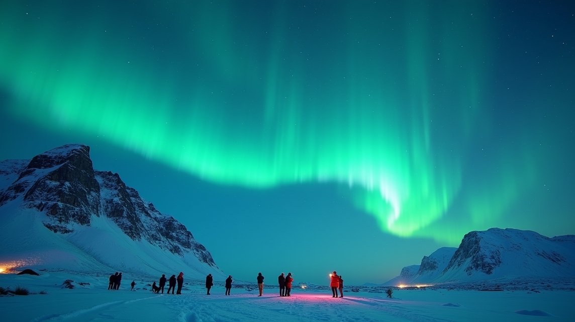 Északi fény Tromsø felett hegyekkel a háttérben