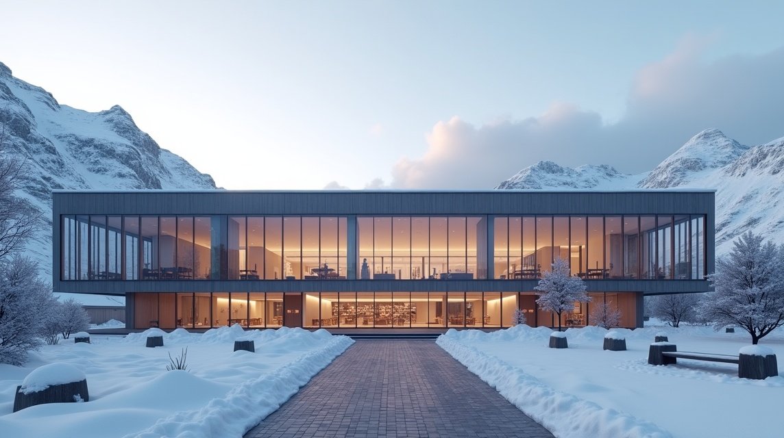 A Tromsøi Könyvtár modern épülete hóval borított tájban.