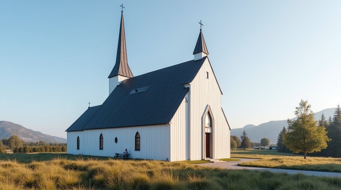 Vestre Porsgrunn templom gyönyörű külseje a természetben