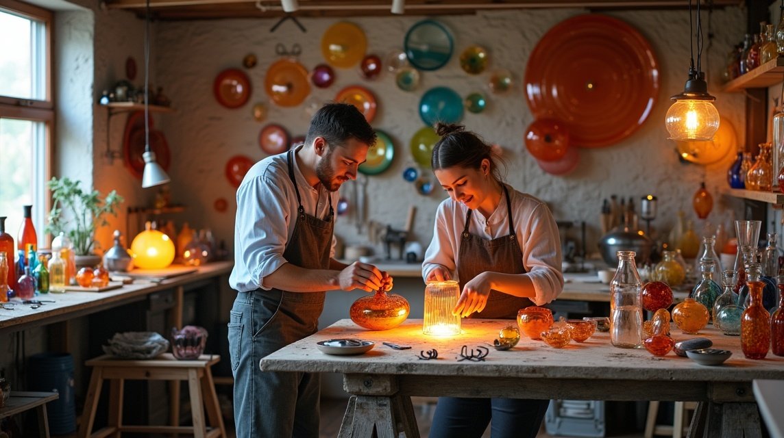 ViDa Glas üveg műhely felnőttek kreatív munkája üvegfúvás közben