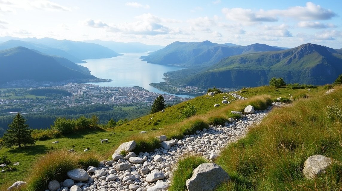 Kilátás a Sukkertoppen hegy tetejéről Ålesund városára és fjordokra