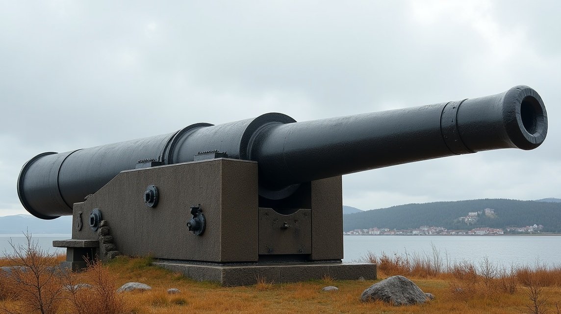 Az Adolf-ágyú Harstad városában, háttérben a fjord látványa.