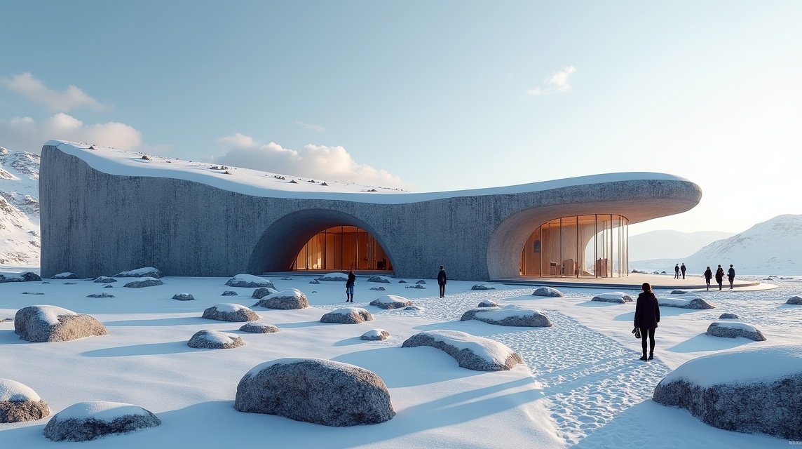 Az Alta Múzeum modern épülete a hóval borított tájon Észak-Norvégiában