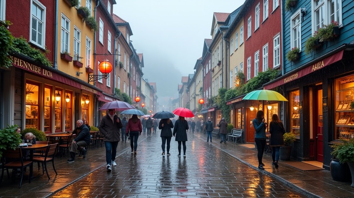 Séta Bergen színes házainál esernyővel az esőben.