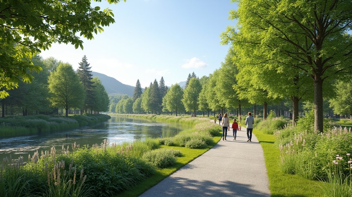 Elverum látnivalók - Skogmuseet parkja 1 Család sétál Elverum Skogmuseet parkjában, gyönyörű tájban.