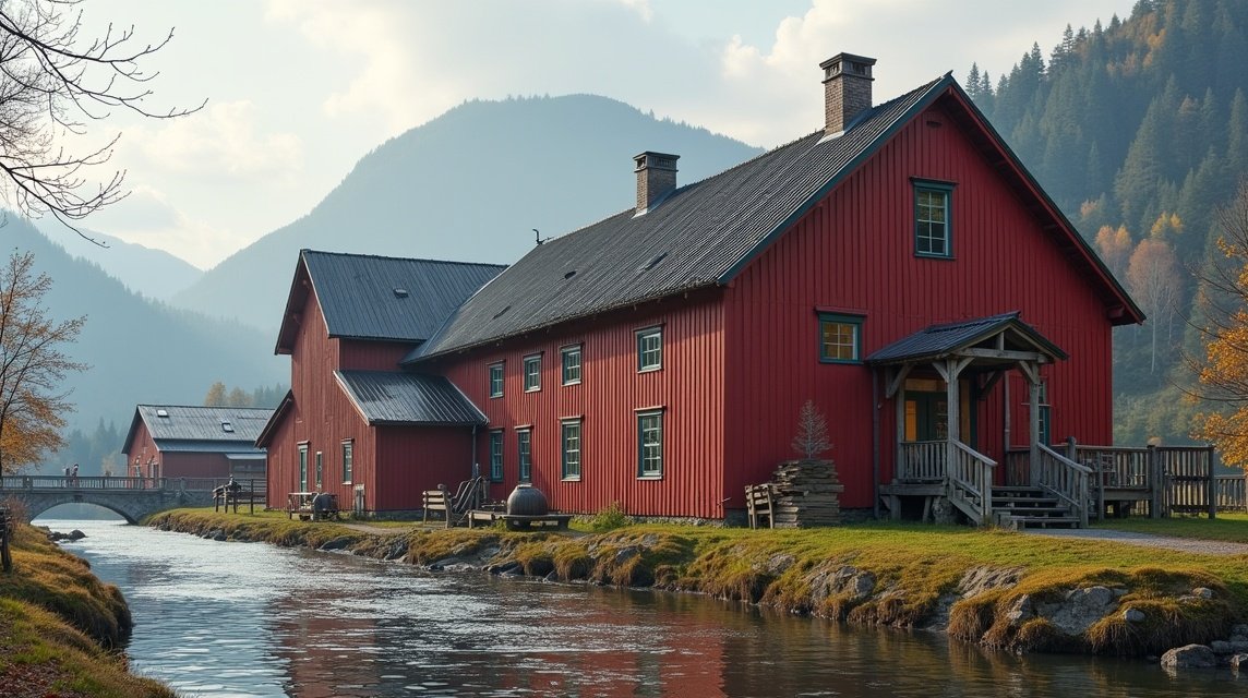 Gjøvik üveggyár régi épülete a zöld fűvel és vízparttal