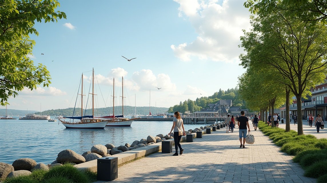 Halden kikötői sétány, színes hajók és zöld fák a vízparton.