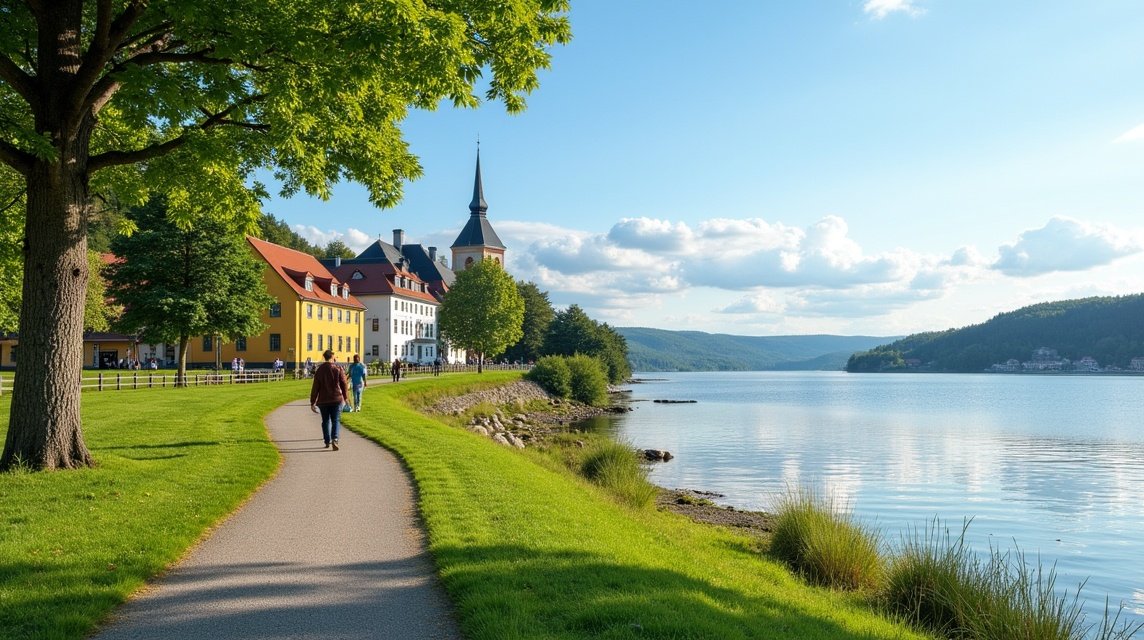 Séta a Mjøsa-tó partján, Hamar városában, nyugodt tájban.