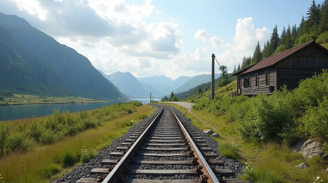 Rombaksveien történelmi úton vezető vasúti sín Narvik közelében.