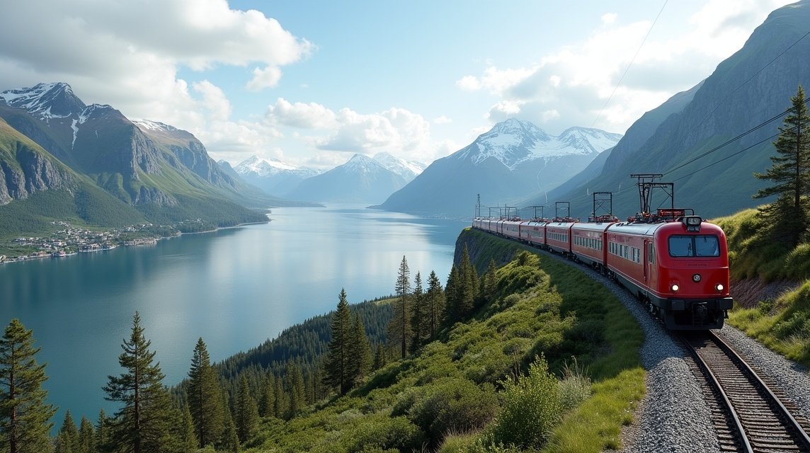 Ofotbanen vonat a gyönyörű fjord mellett Narvik közelében, Norvégiában.