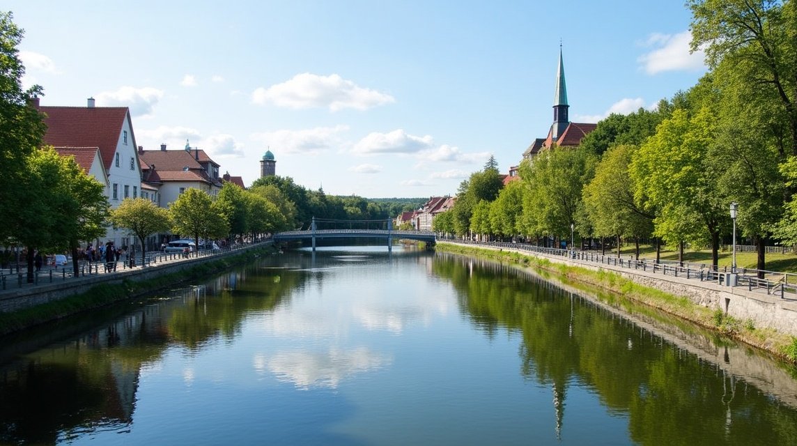 Porsgrunn folyóparti sétány Elvepromenadene és a város látképe.