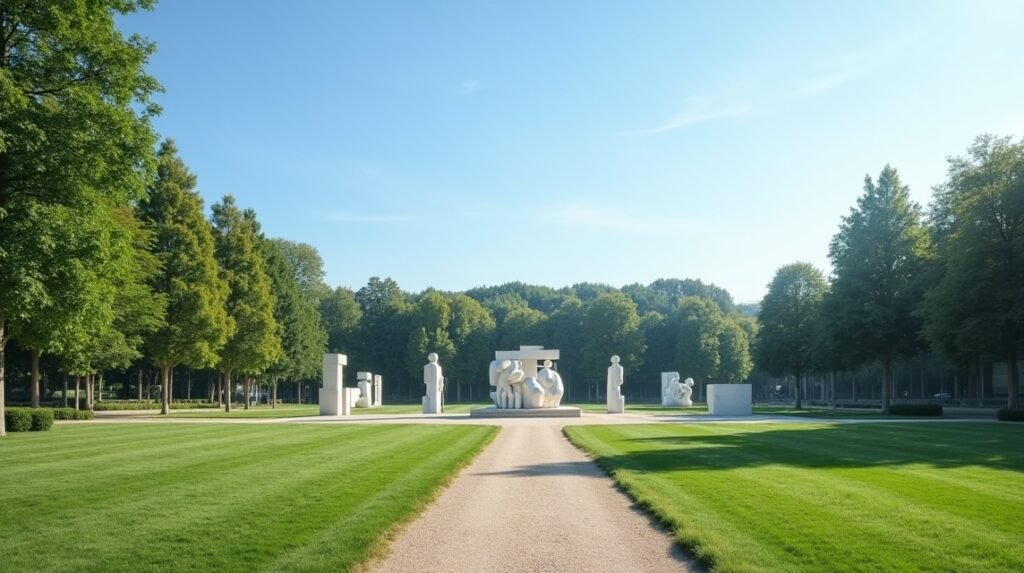 A Vigeland Park szoborkertje Oslo-ban, zöld fűvel és szobrokkal.