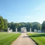 A Vigeland Park szoborkertje Oslo-ban, zöld fűvel és szobrokkal.