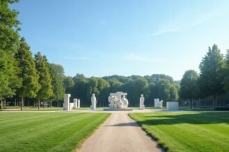 A Vigeland Park szoborkertje Oslo-ban, zöld fűvel és szobrokkal.