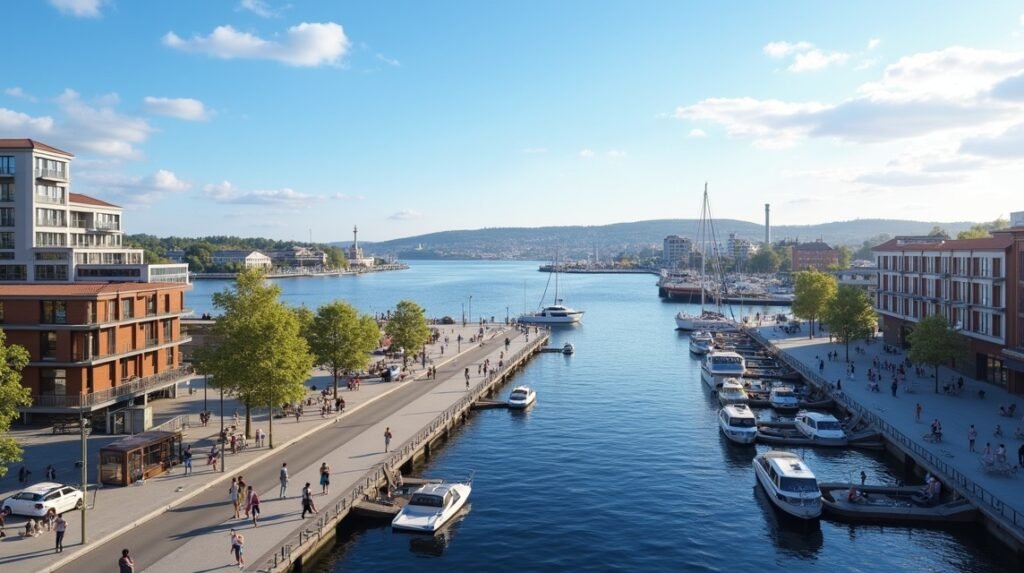 Aker Brygge kikötője Oslo városában, modern épületekkel és sétálókkal.