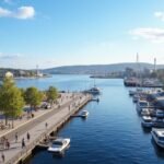 Aker Brygge kikötője Oslo városában, modern épületekkel és sétálókkal.
