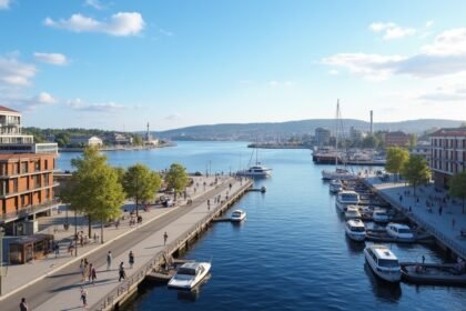 Aker Brygge kikötője Oslo városában, modern épületekkel és sétálókkal.