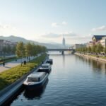 A modern folyópart Drammen városában, zöld területekkel és sétáló emberekkel.