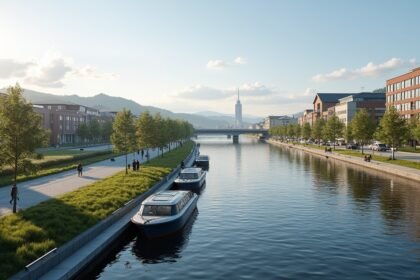 A modern folyópart Drammen városában, zöld területekkel és sétáló emberekkel.