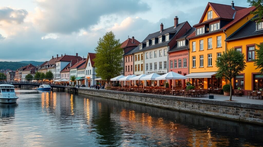 Drammen folyóparti éttermek, hangulatos teraszokkal és helyi ételekkel.