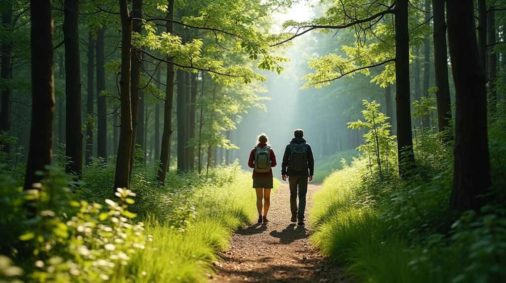 Két túrázó egy napfényben áztatott erdei ösvényen sétál.