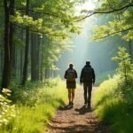 Két túrázó egy napfényben áztatott erdei ösvényen sétál.