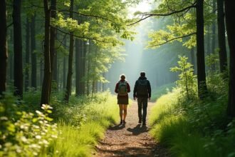 Két túrázó egy napfényben áztatott erdei ösvényen sétál.