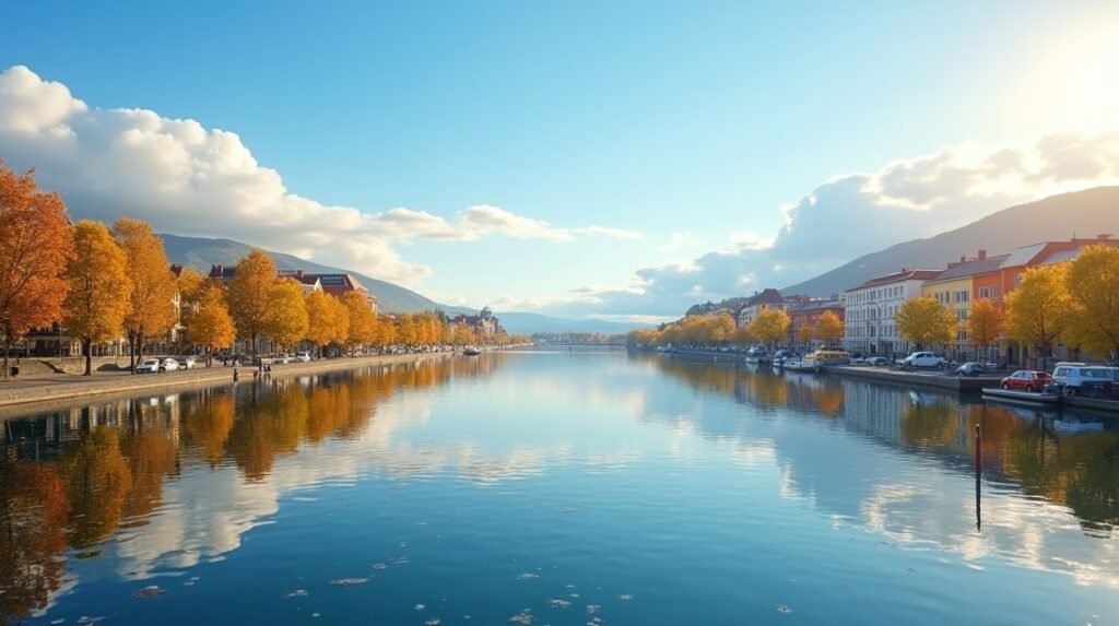 Drammen városősz, gyönyörű part és tükörsimító vízfelszín