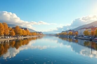 Drammen városősz, gyönyörű part és tükörsimító vízfelszín