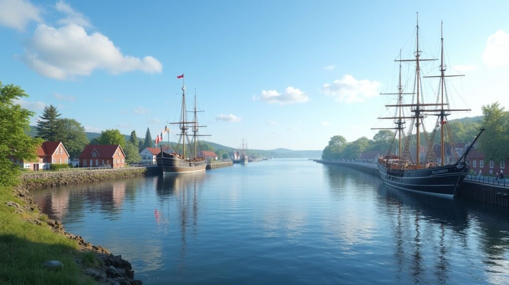 Isegran szigeti hajók Fredrikstadban Norvégiában, gyönyörű tengerparti táj.