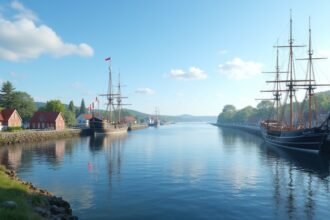 Isegran szigeti hajók Fredrikstadban Norvégiában, gyönyörű tengerparti táj.