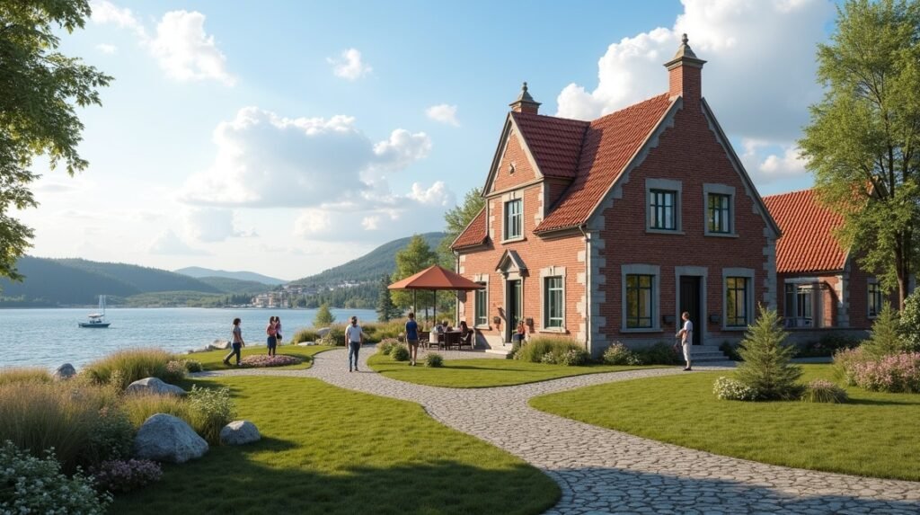 Fredrikstad Múzeum gyönyörű épülete és környezete a vízparton.