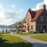 Fredrikstad Múzeum gyönyörű épülete és környezete a vízparton.