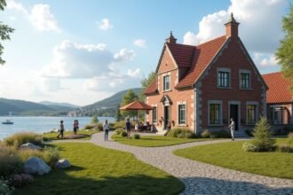 Fredrikstad Múzeum gyönyörű épülete és környezete a vízparton.