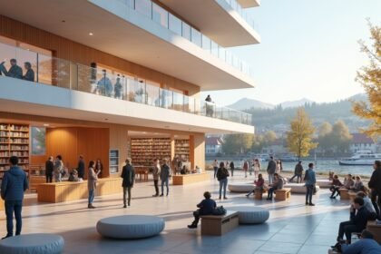 A Litteraturhuset épülete Fredrikstad városában, látogatók a kávézó körül.