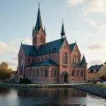 Fredrikstad székesegyház, gyönyörű homlokzatával a folyóparton.