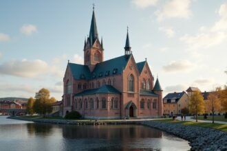 Fredrikstad székesegyház, gyönyörű homlokzatával a folyóparton.