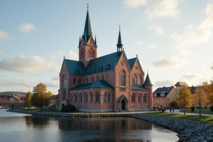 Fredrikstad székesegyház, gyönyörű homlokzatával a folyóparton.