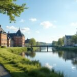 Séta a Glomma folyó partján Fredrikstadban, Norvégiában.