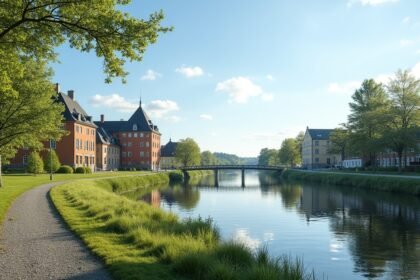 Séta a Glomma folyó partján Fredrikstadban, Norvégiában.