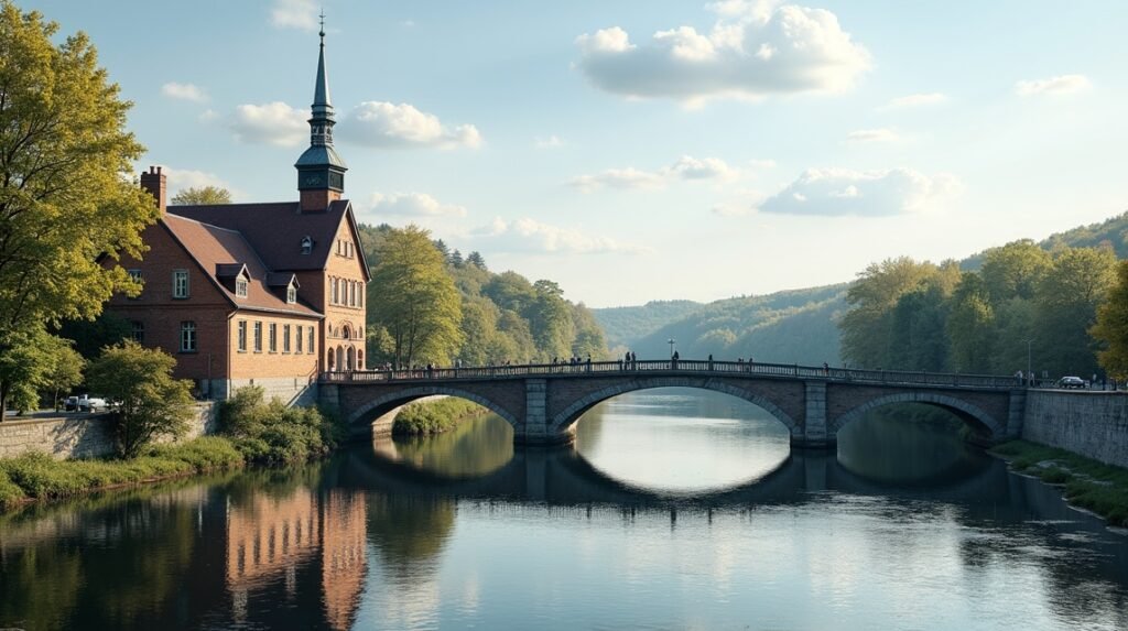 Gamlebroen régi hídja Fredrikstadban, gyönyörű kilátással a folyóra és a fákkal körülvéve.