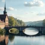 Gamlebroen régi hídja Fredrikstadban, gyönyörű kilátással a folyóra és a fákkal körülvéve.