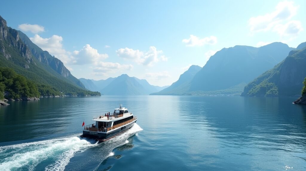 Hajó az Oslo-fjordban, csodás hegyek és természet környezetében.