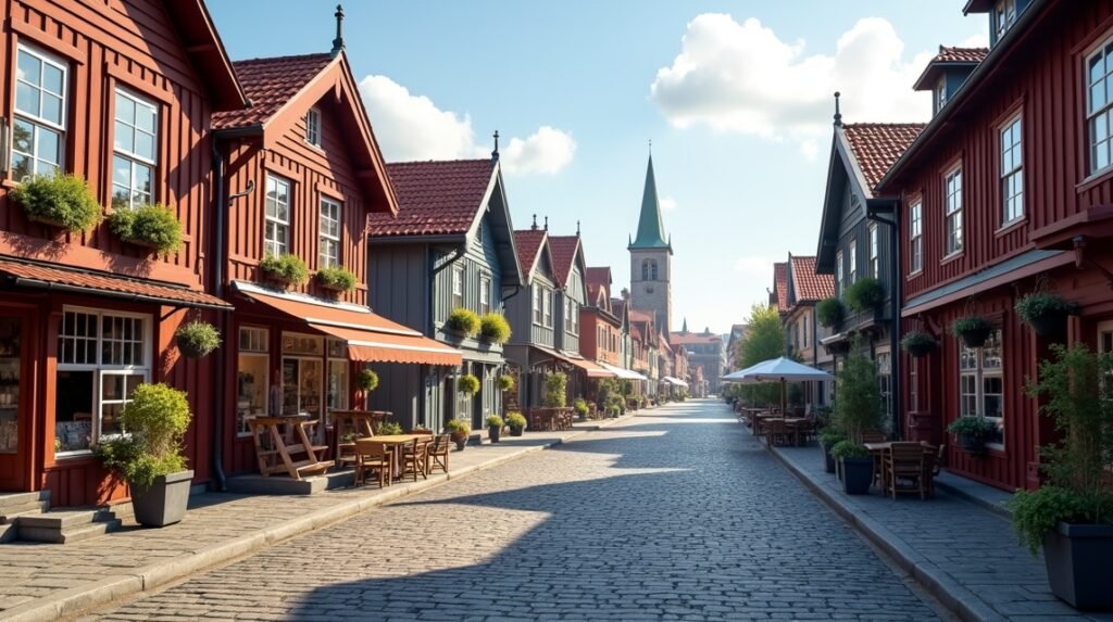 Fredrikstad macskaköves utcái és faépületei Plankebyenben