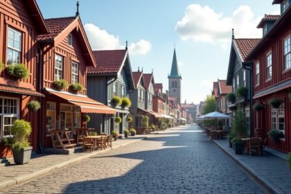 Fredrikstad macskaköves utcái és faépületei Plankebyenben