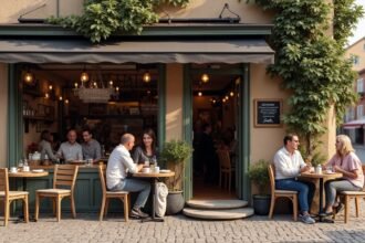 Kávézók a fredrikstad-i óvárosban, vendégek kávézással